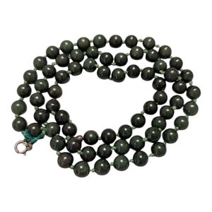VTG 60s Spinach Green Jade Beaded Knotted Necklace W Brass Tone Spring Clasp 27"